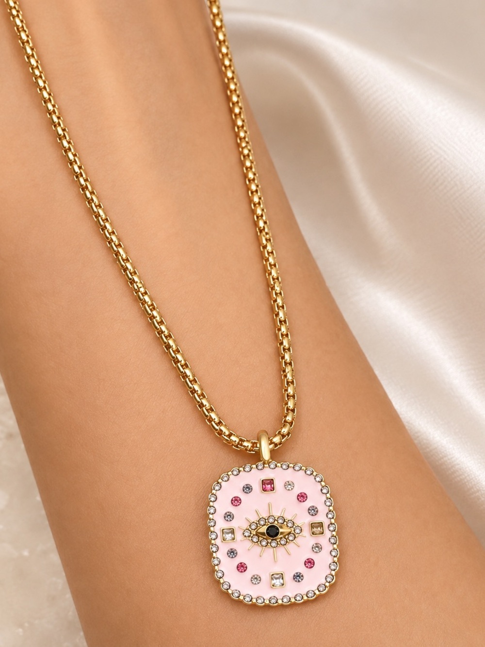 Gold Pink Evil Eye Pendant Necklace with Crystal Accents Y2K - Picture 6 of 7
